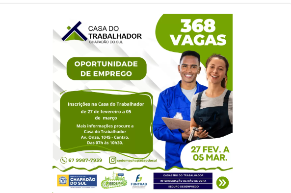 Imagem de compartilhamento para o artigo Chapadão do Sul oferece mais de 360 vagas de emprego nesta terça-feira da MS Todo dia